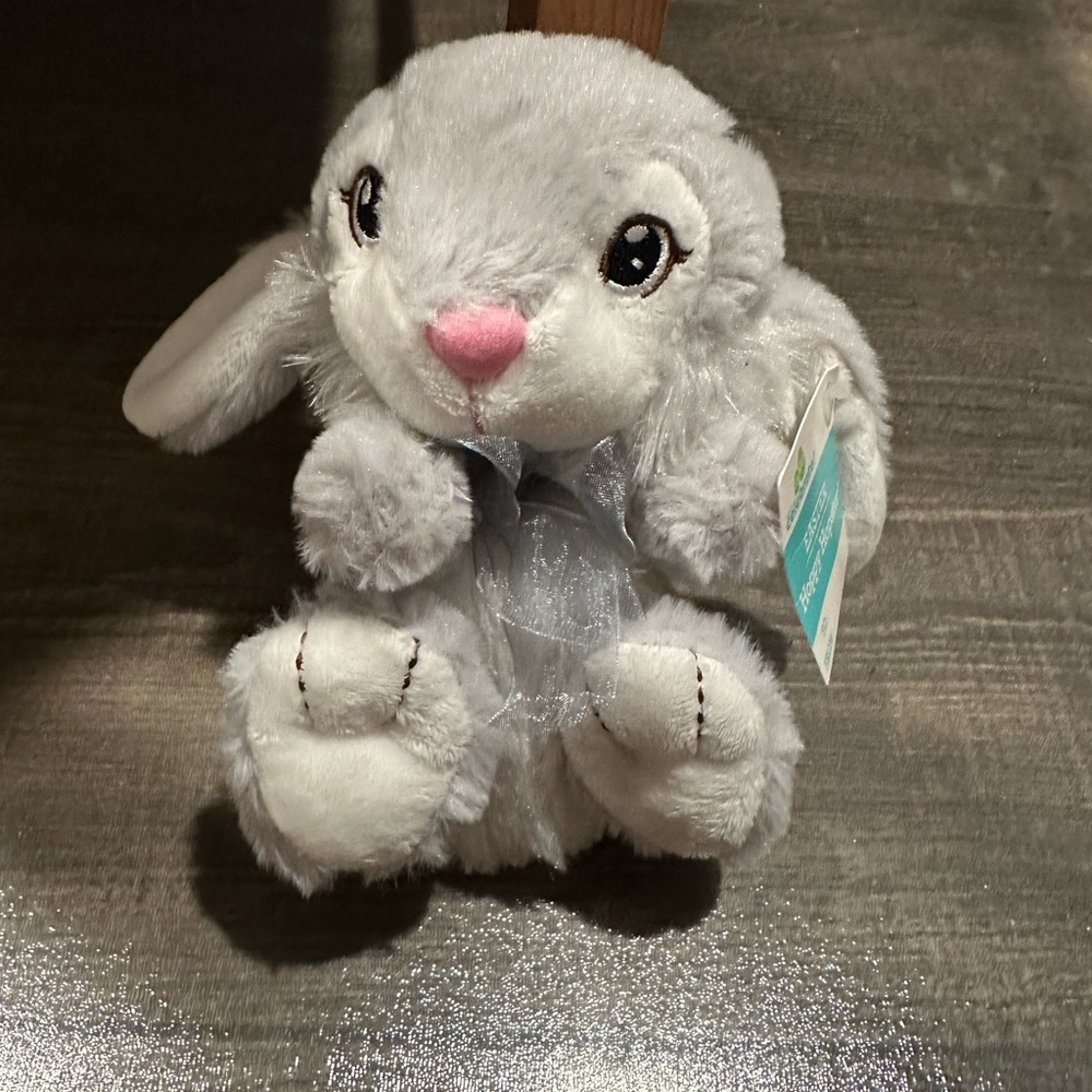 Easter Happy Hoppy Bunny. Gray very soft plush! Tag on but a bit bent.